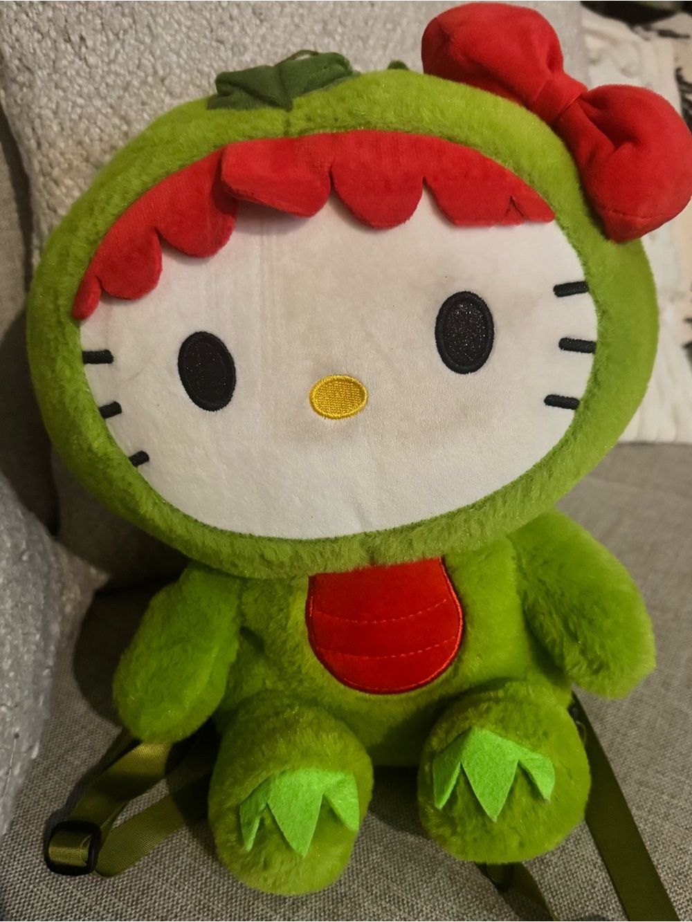 Hello Kitty Plush in Dino costume backpack with pouch